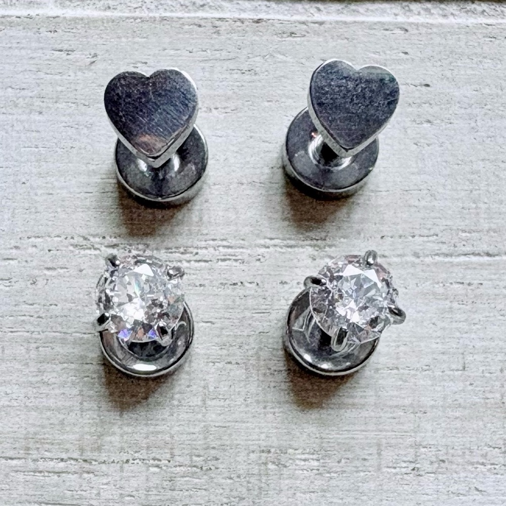NWOT, 2 Pair Heart.and Crystal Stainless Steel Flat Back Stud Earrings